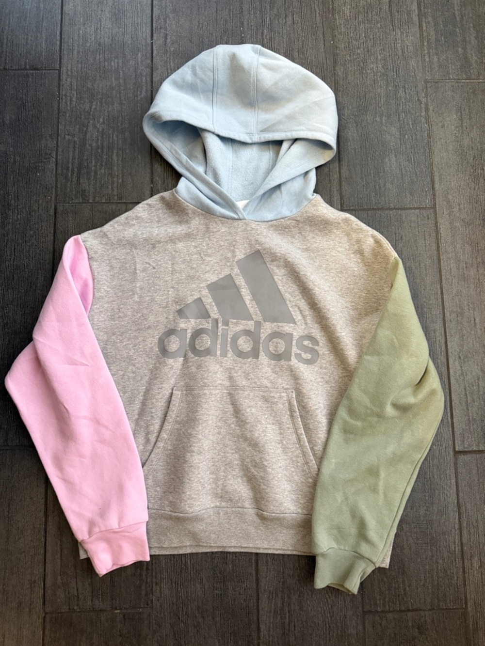 🔥 adidas Heather Gray Hoodie with Pink, Blue & Green Colorblock Sleeves